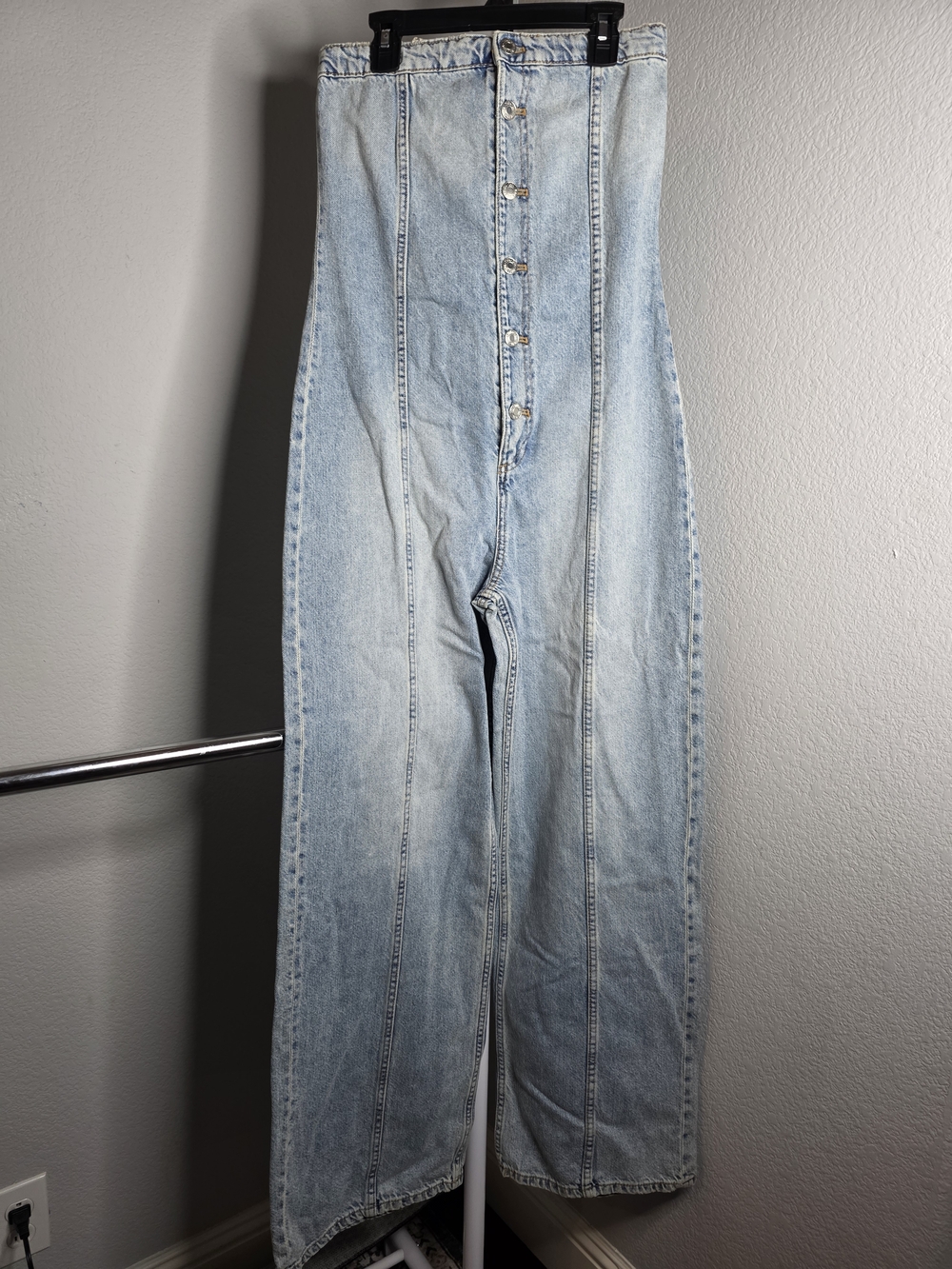 Zara Light Blue Wide Leg Jean Jumpsuit with Button Front